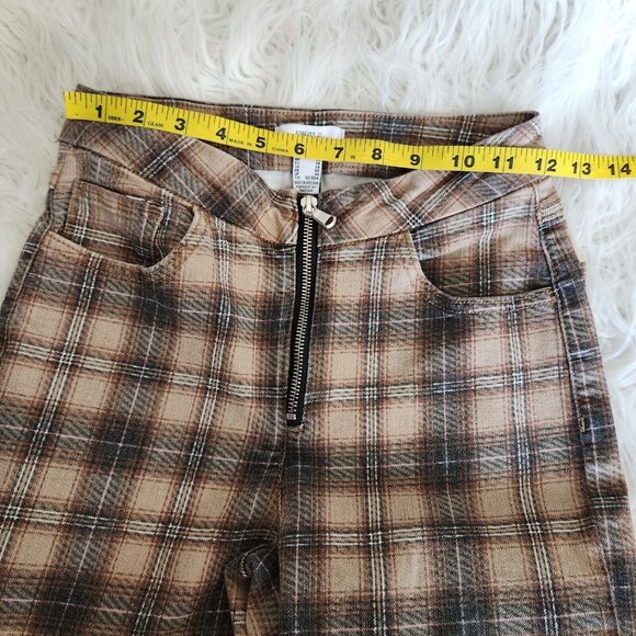 Y2K FOREVER 21 Plaid High Rise Flare Jeans 26 Stretch Raw Hem‎ Boho Hippie Pants - Picture 9 of 16